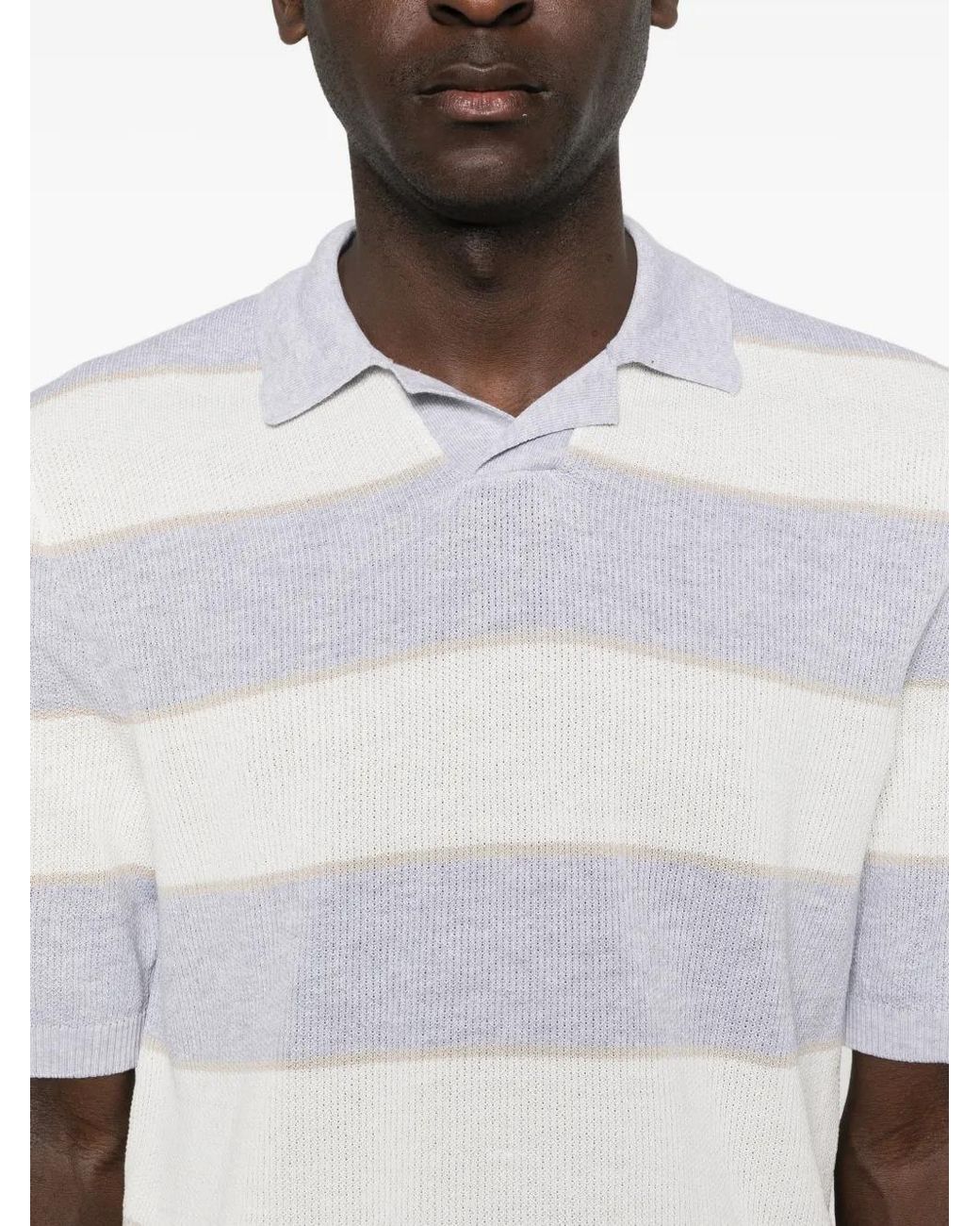Eleventy White Striped Short-Sleeve Polo Shirt for men
