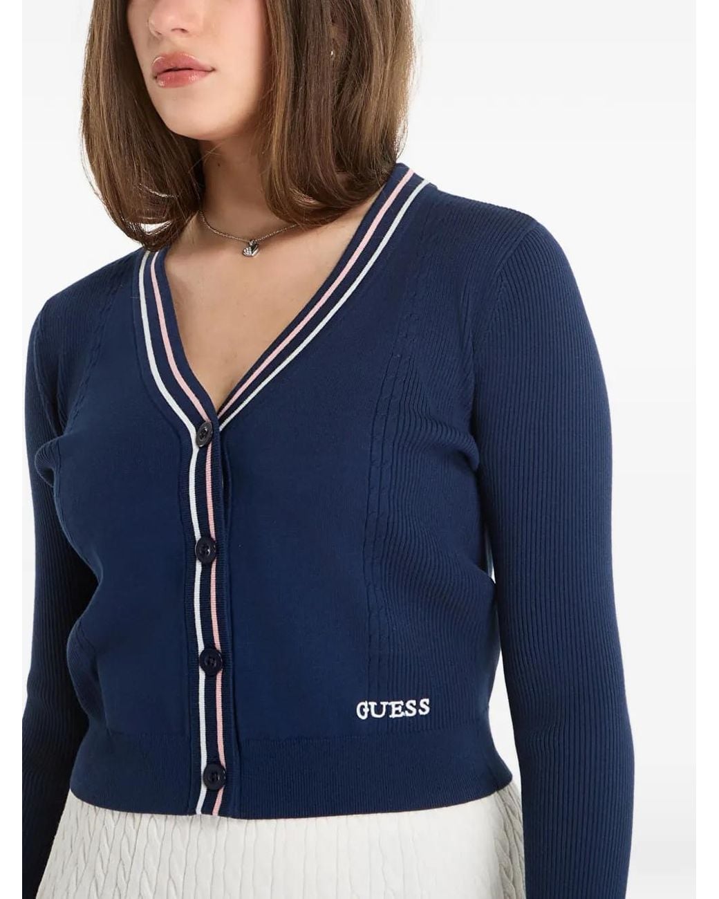 Guess Blue Cardigan En Maille À Bords Rayés