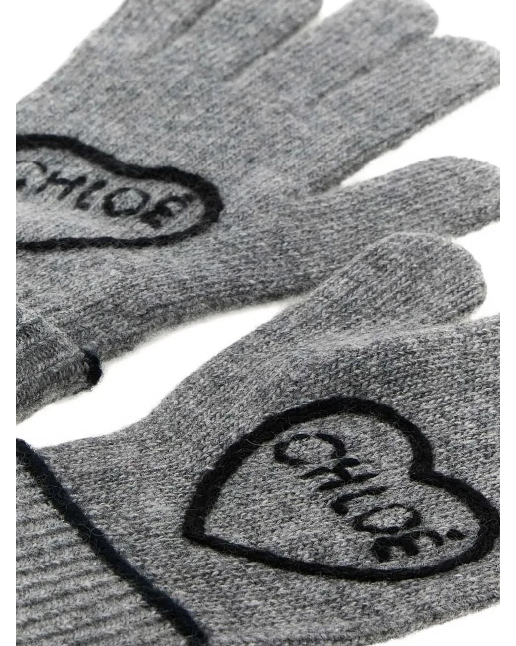 Chloé Gray Heart-Embroidered Gloves