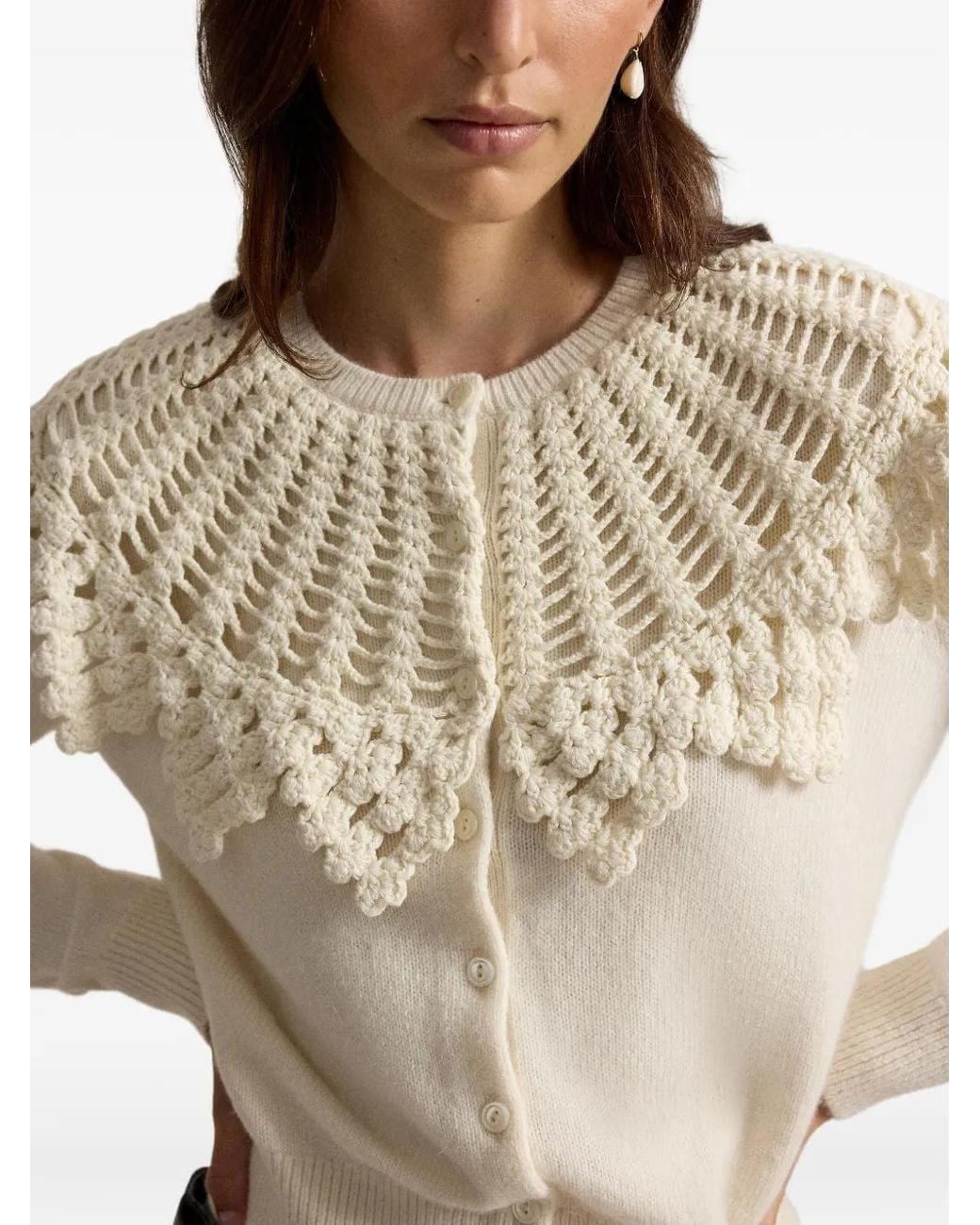 Polo Ralph Lauren White Crochet-Yoke Wool-Alpaca Cardigan