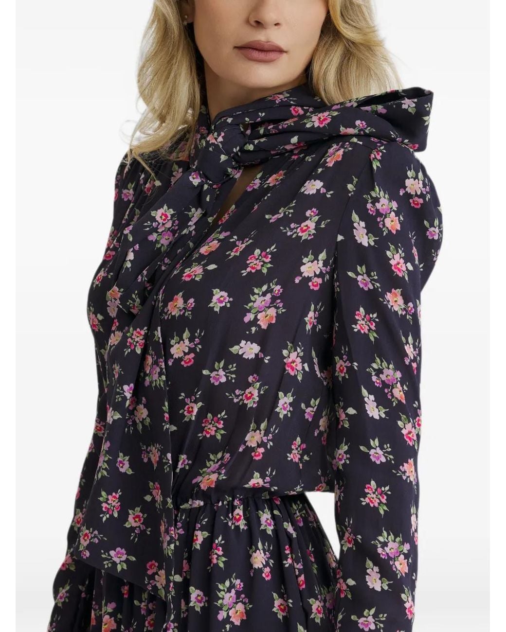 CuAnna Blue Floral-Print Tie-Neck Dress