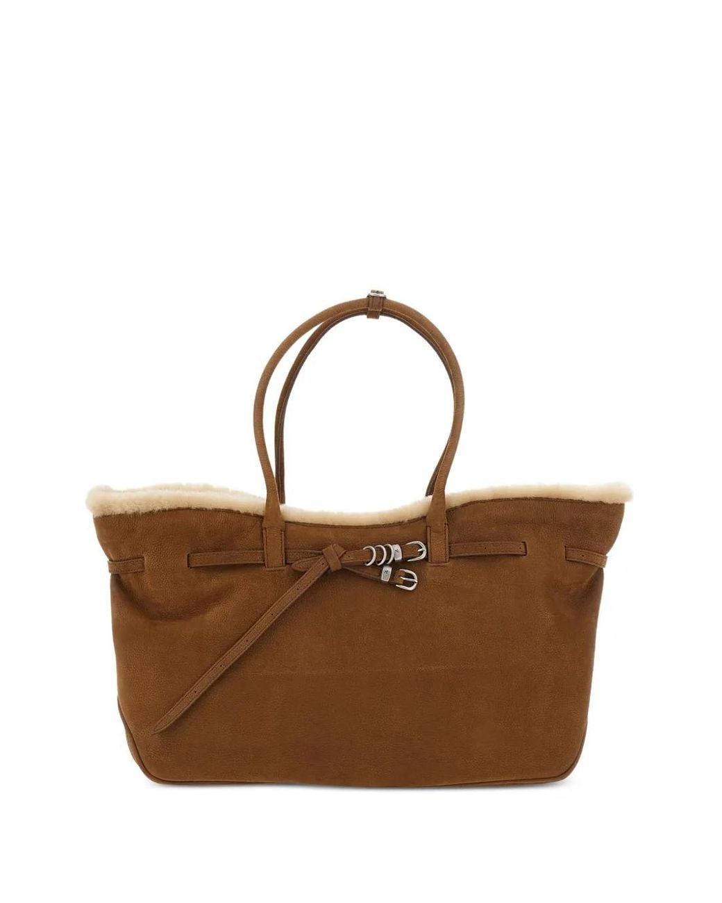 MARGE SHERWOOD Brown Large Grandma Shearling-Trim Buckled Shoulder Bag