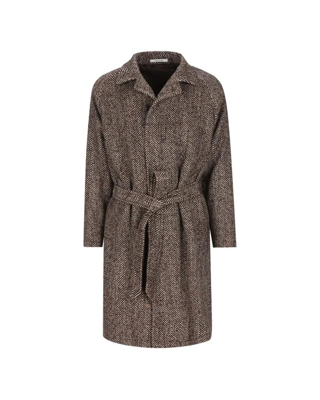 Tagliatore Brown Herringbone-Pattern Belted Coat for men