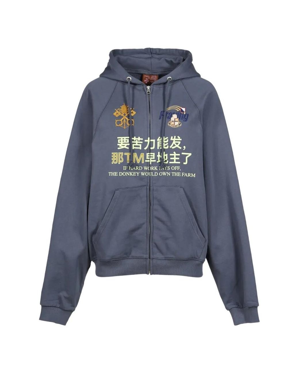 PRAYING Blue Hoodie Zippé Hard Work Brodé