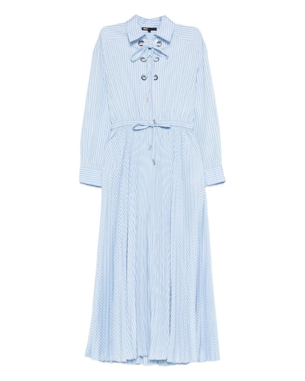 Maje Blue Long Pleated Dress With Eyelets