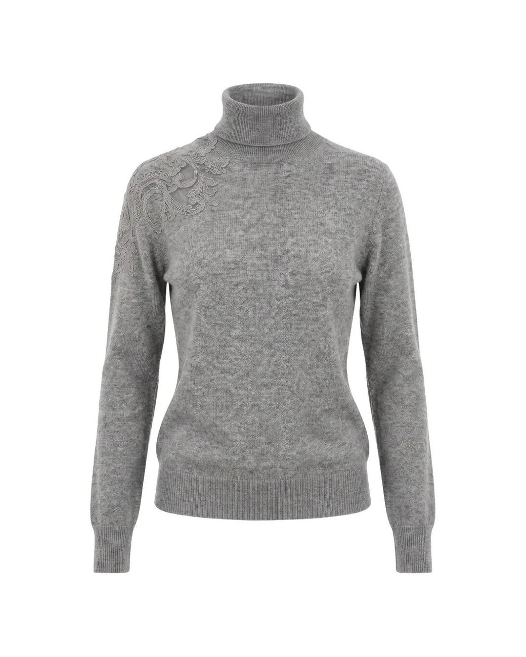 Ermanno Scervino Gray Lace-Trim Roll-Neck Sweater