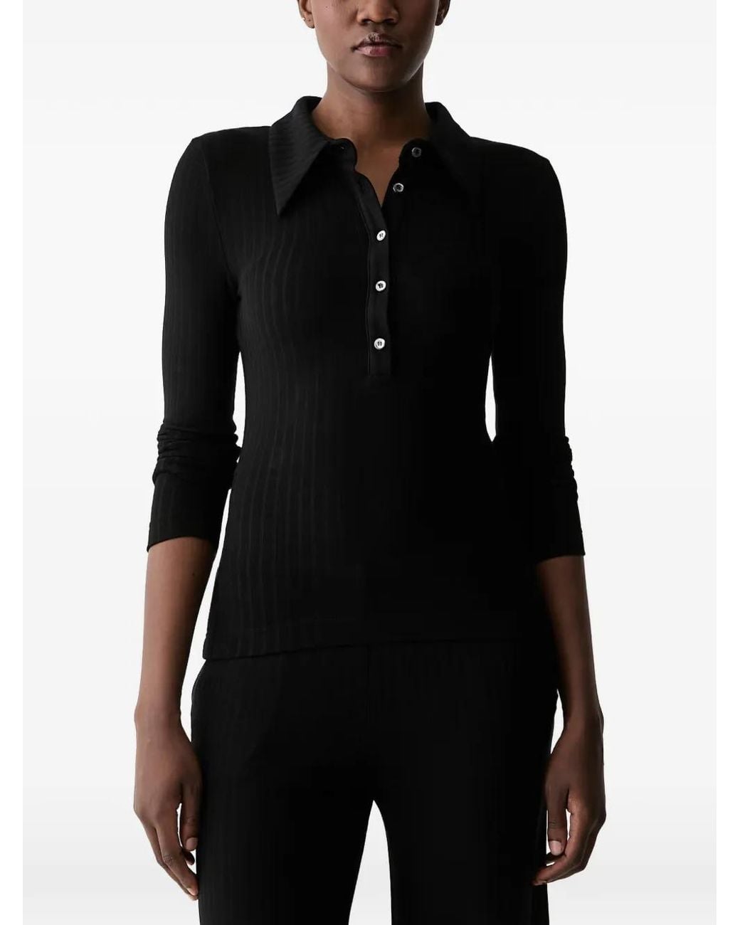 La Mania Black Ribbed-Knit Long-Sleeve Polo Shirt
