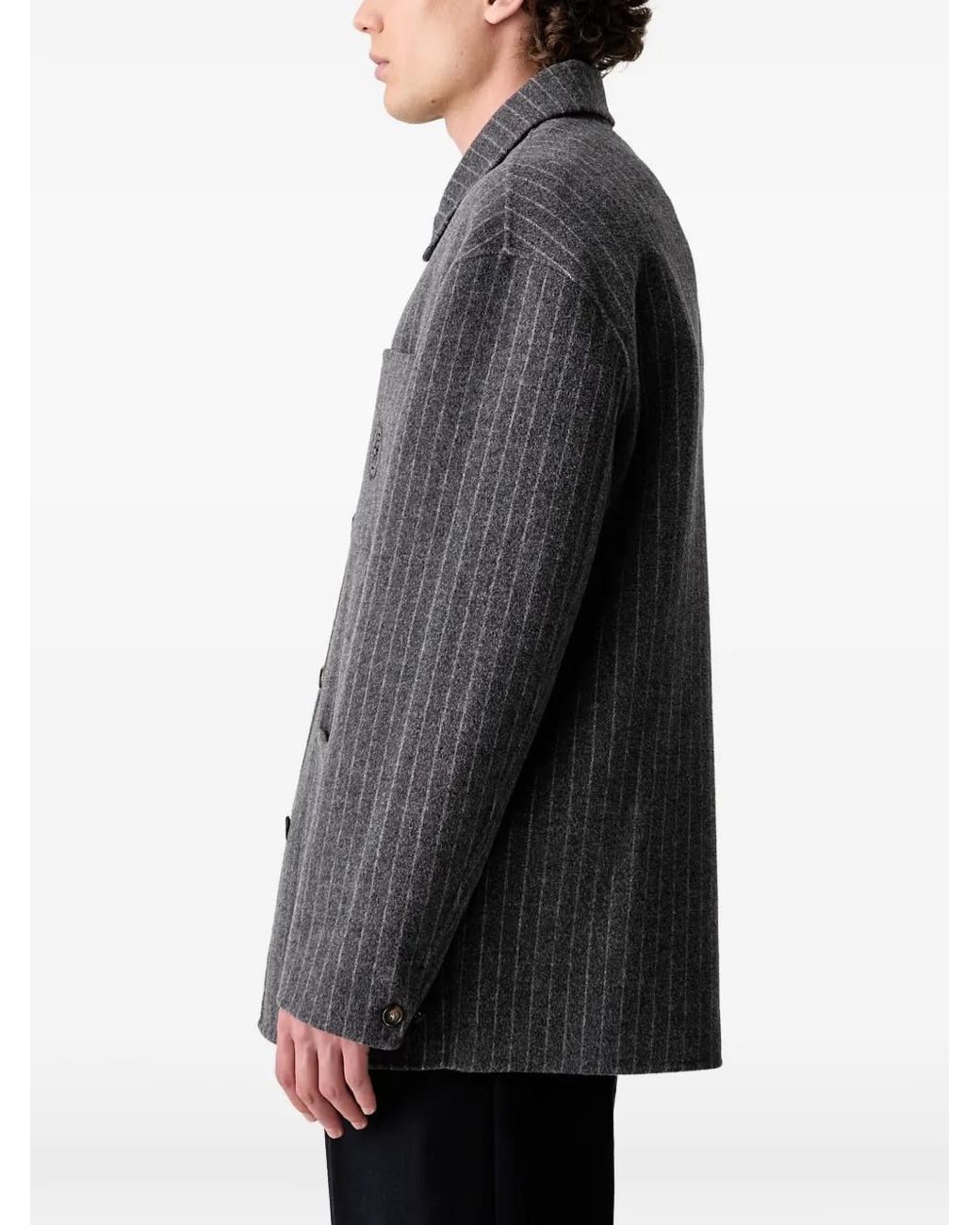 Drole de Monsieur Gray Pinstripe-Pattern Logo-Embroidered Shirt Jacket for men