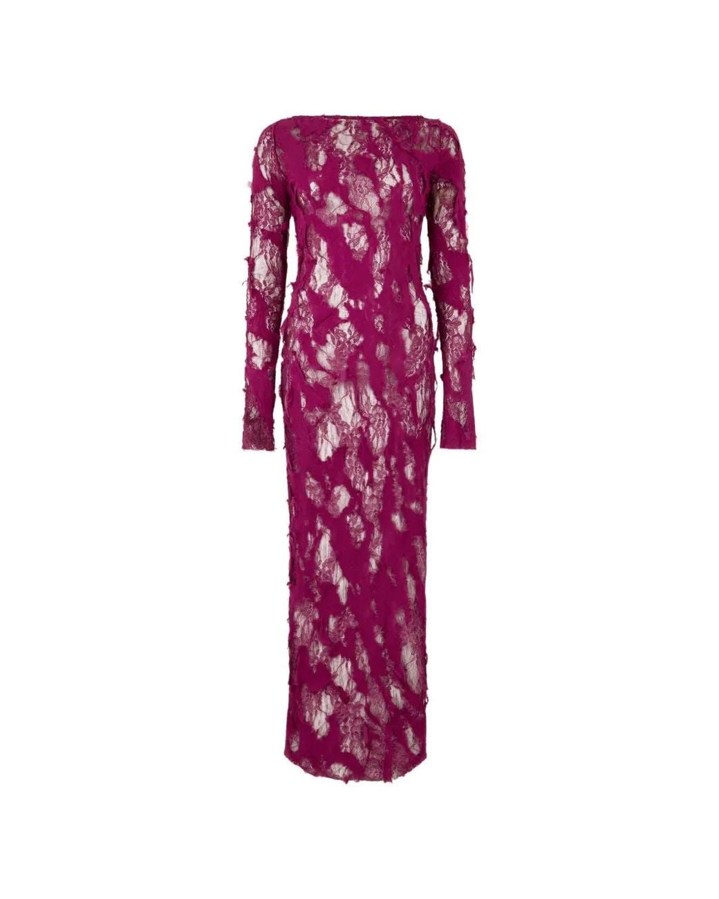 Roberto Cavalli Purple Lace-Overlay Frayed Maxi Dress