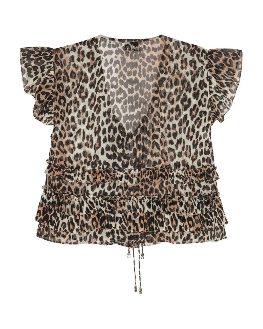 Ganni Natural Ruffled Leopard-Print Blouse