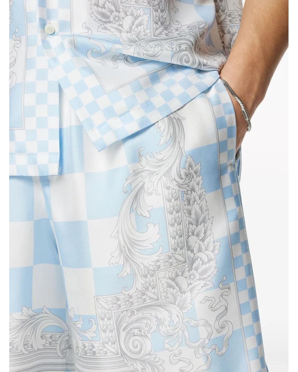 Versace Blue Silk Checkerboard Print Shorts for men