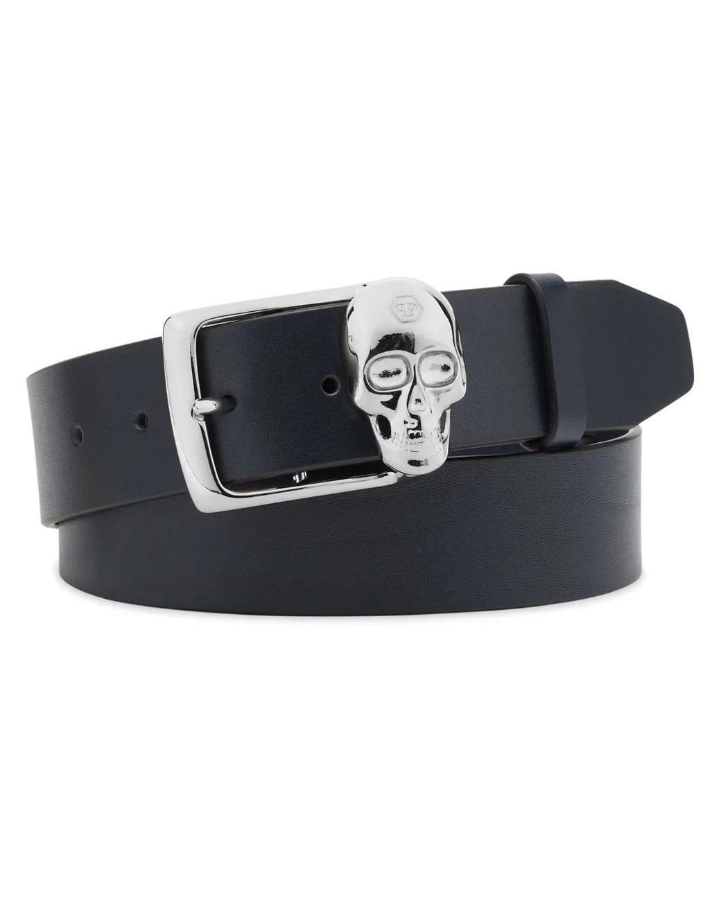 Philipp Plein Blue Skull-Buckle Leather Belt for men
