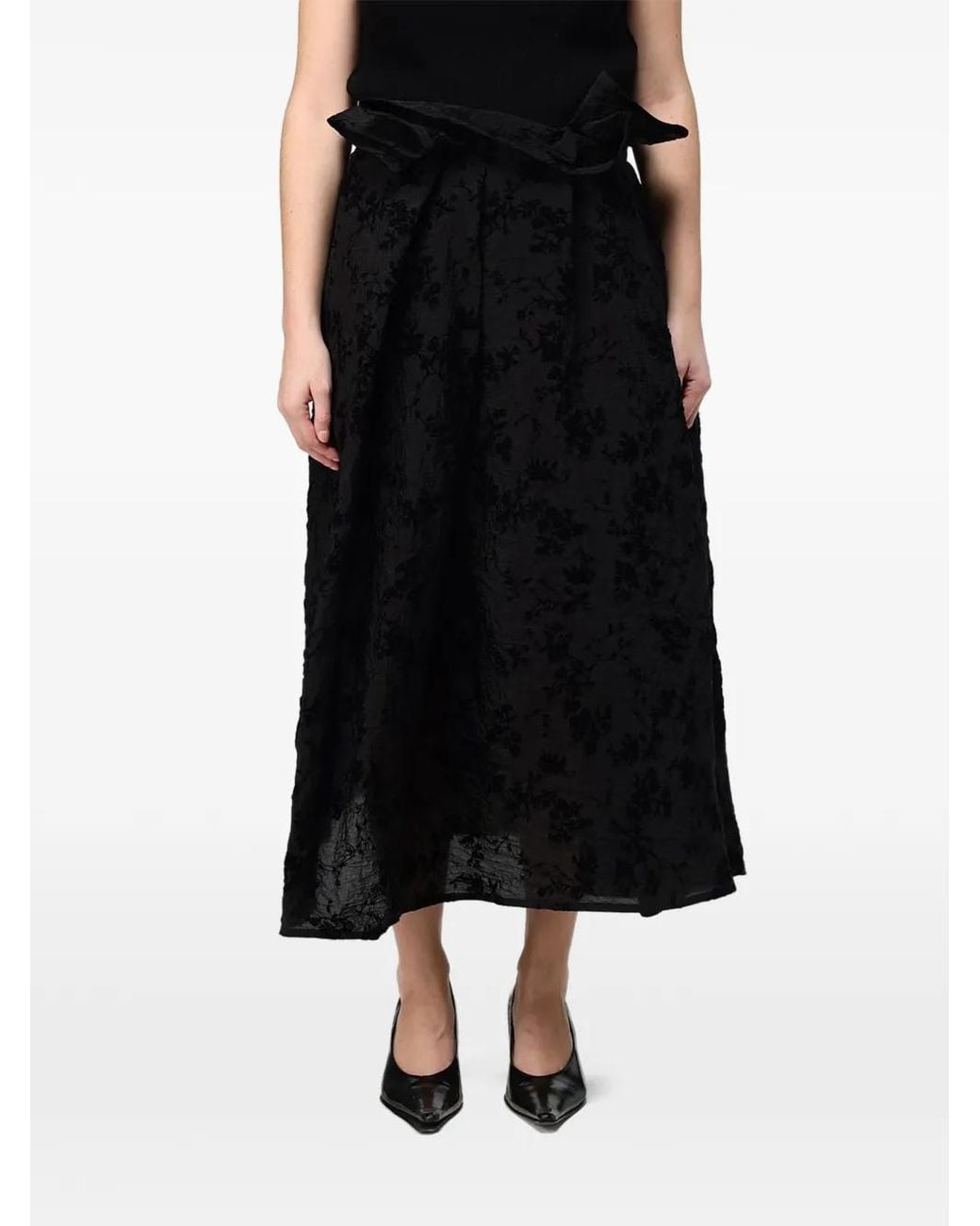 Ter Et Bantine Black Floral-Devoré Ruffled Midi Skirt