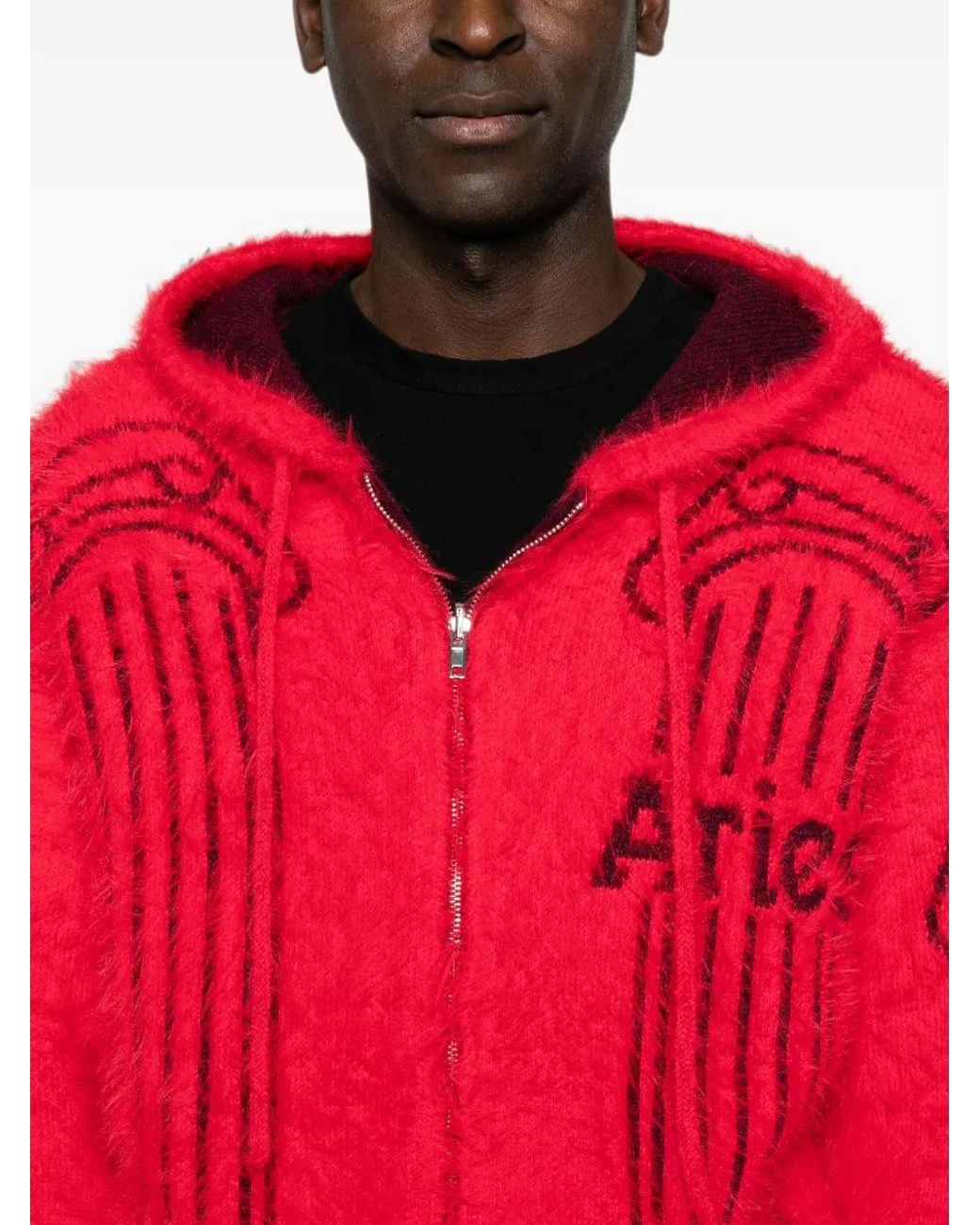 Aries Red Fluffly Column Chenille Reversible Zip-Thru Hoodie