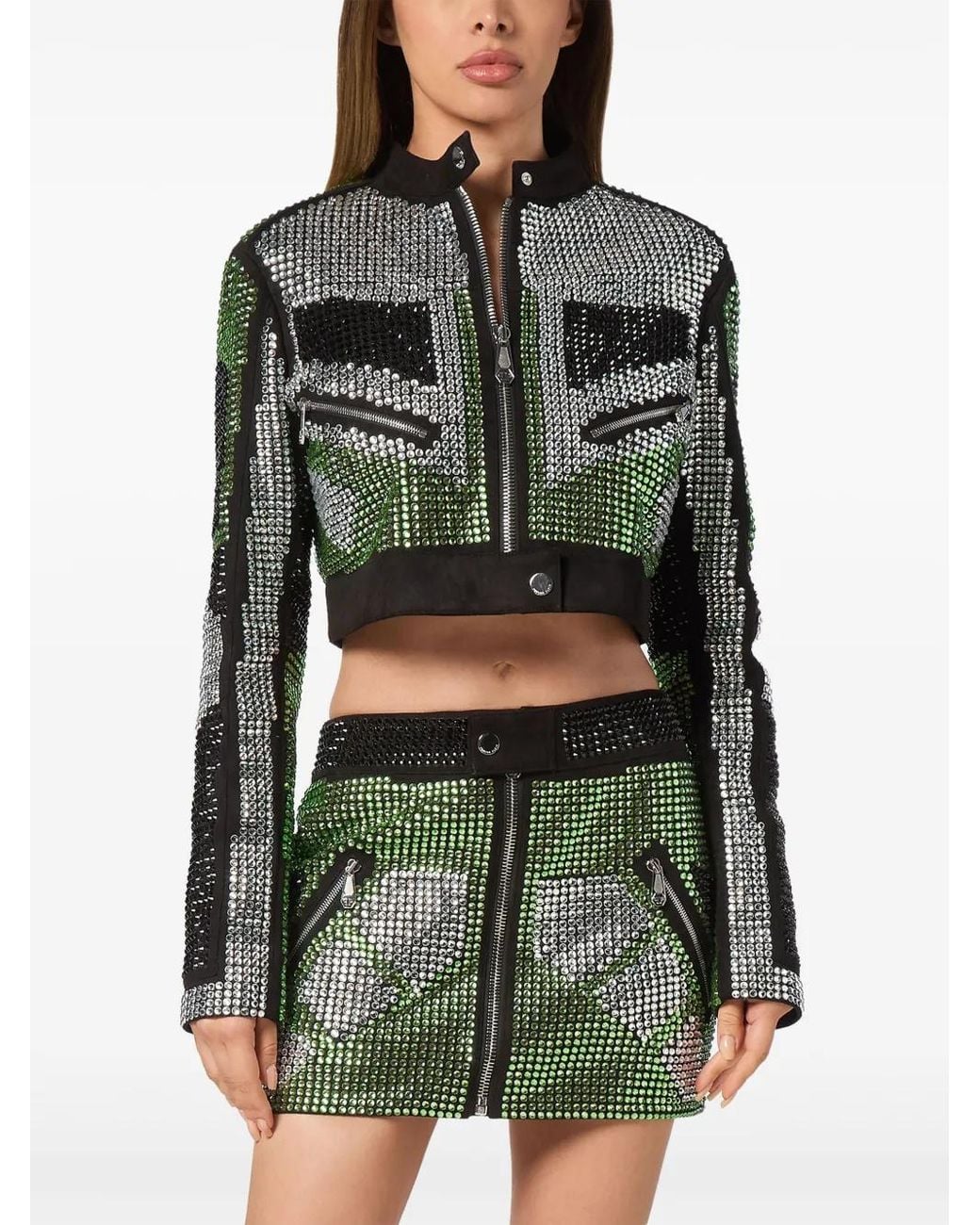 Philipp Plein Green Cropped Leather Biker Jacket Strass
