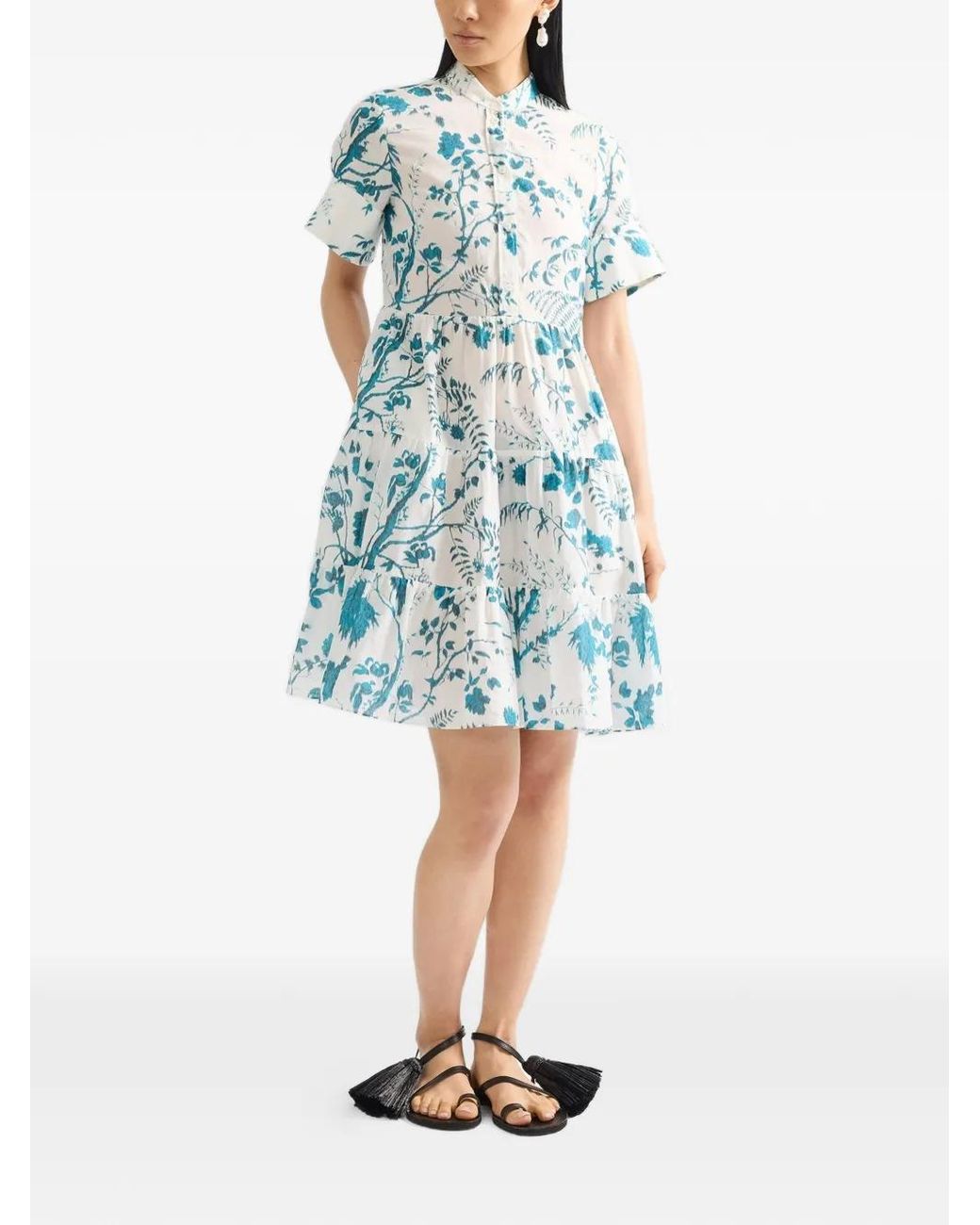 Erdem Blue Botanical-Print Tiered Mini Dress