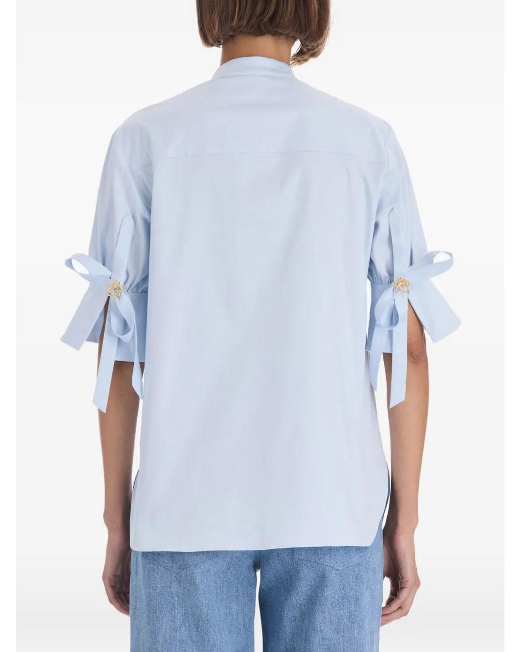 Oscar de la Renta Blue Bow-Detail Poplin Blouse