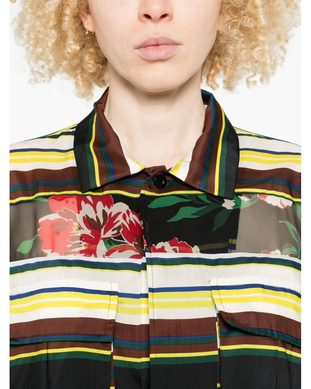 Sacai Green Striped Floral-Print Blouse