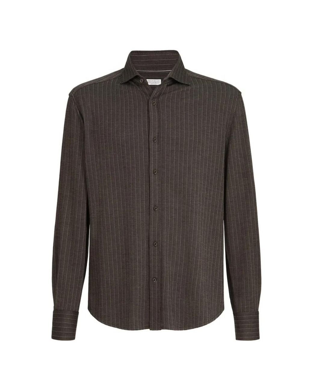 Brunello Cucinelli Gray Virgin Wool, Silk And Cotton Chalk Stripe Piqué Shirt for men