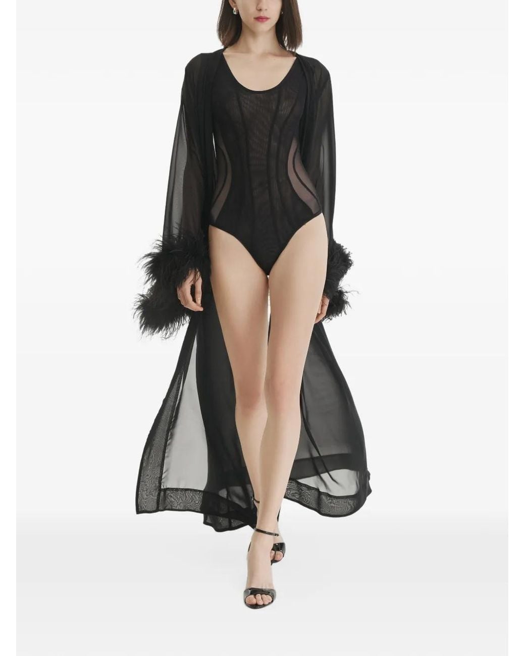 2310 STUDIO Black Peignoir Transparent Bordé De Plumes
