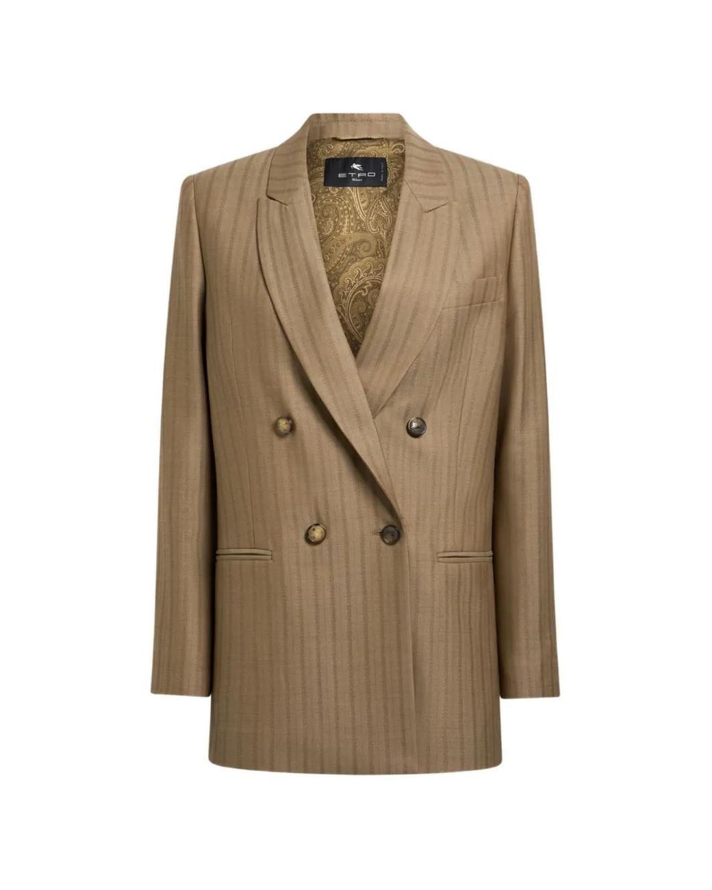 Etro Natural Double-Breasted Wool Jacquard Jacket With Striped Pattern
