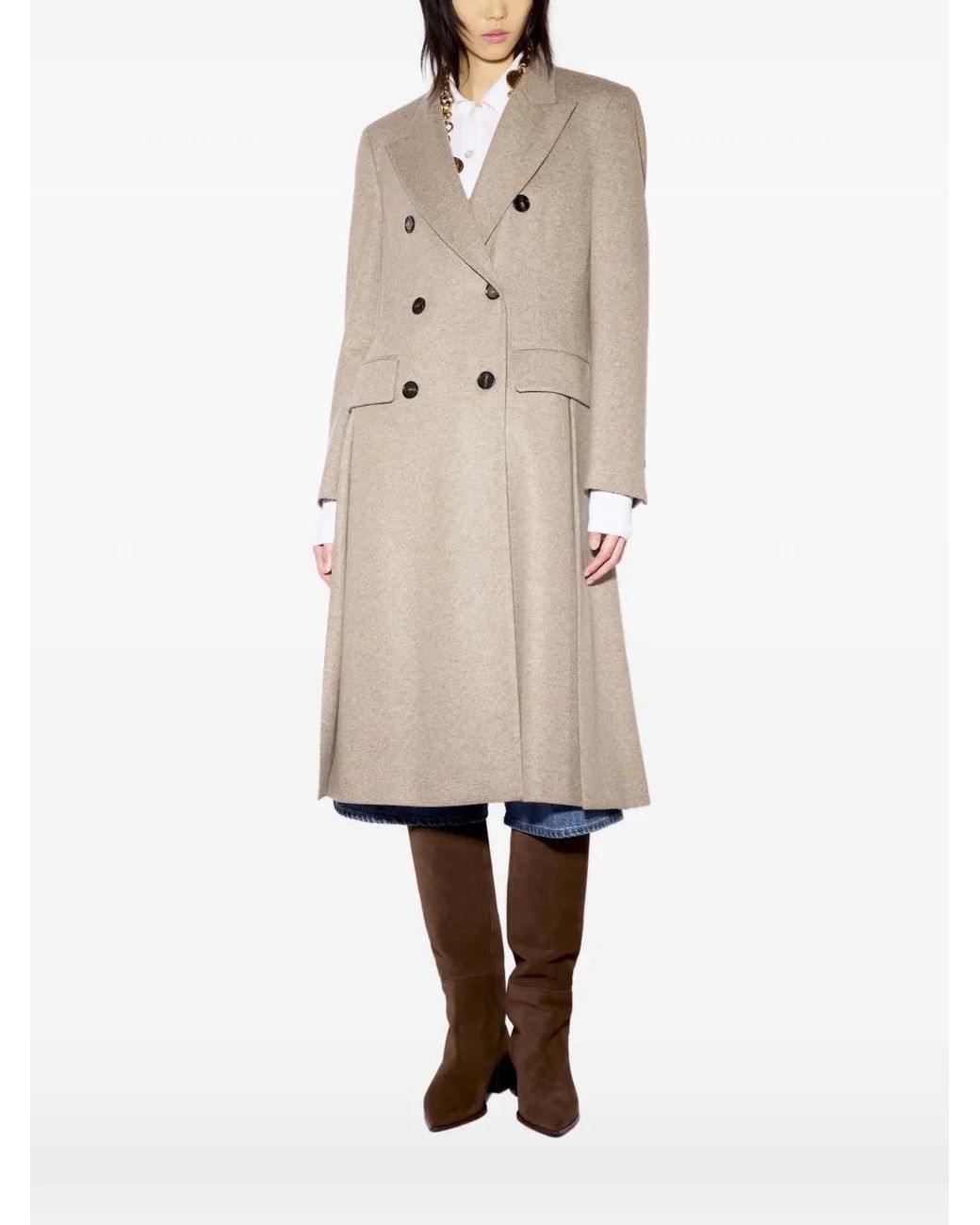 Liviana Conti Natural Double-Breasted Peak-Lapels Coat