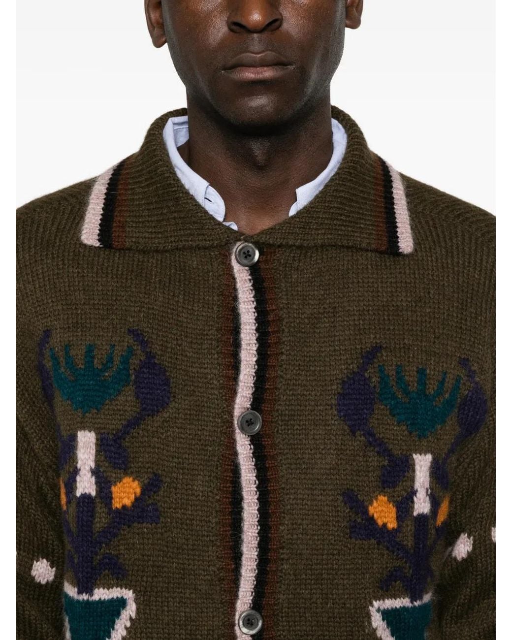 BAZISZT Brown Intarsia-Knit Button-Up Cardigan for men