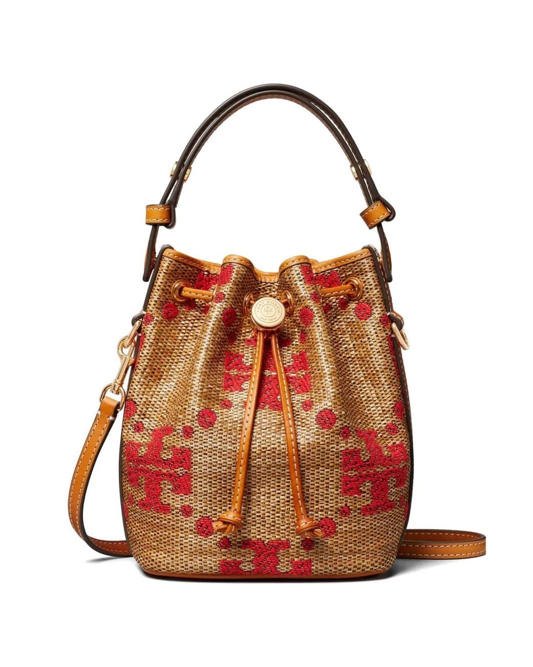 Tory Burch Natural T Monogram Straw Mini Bucket Bag
