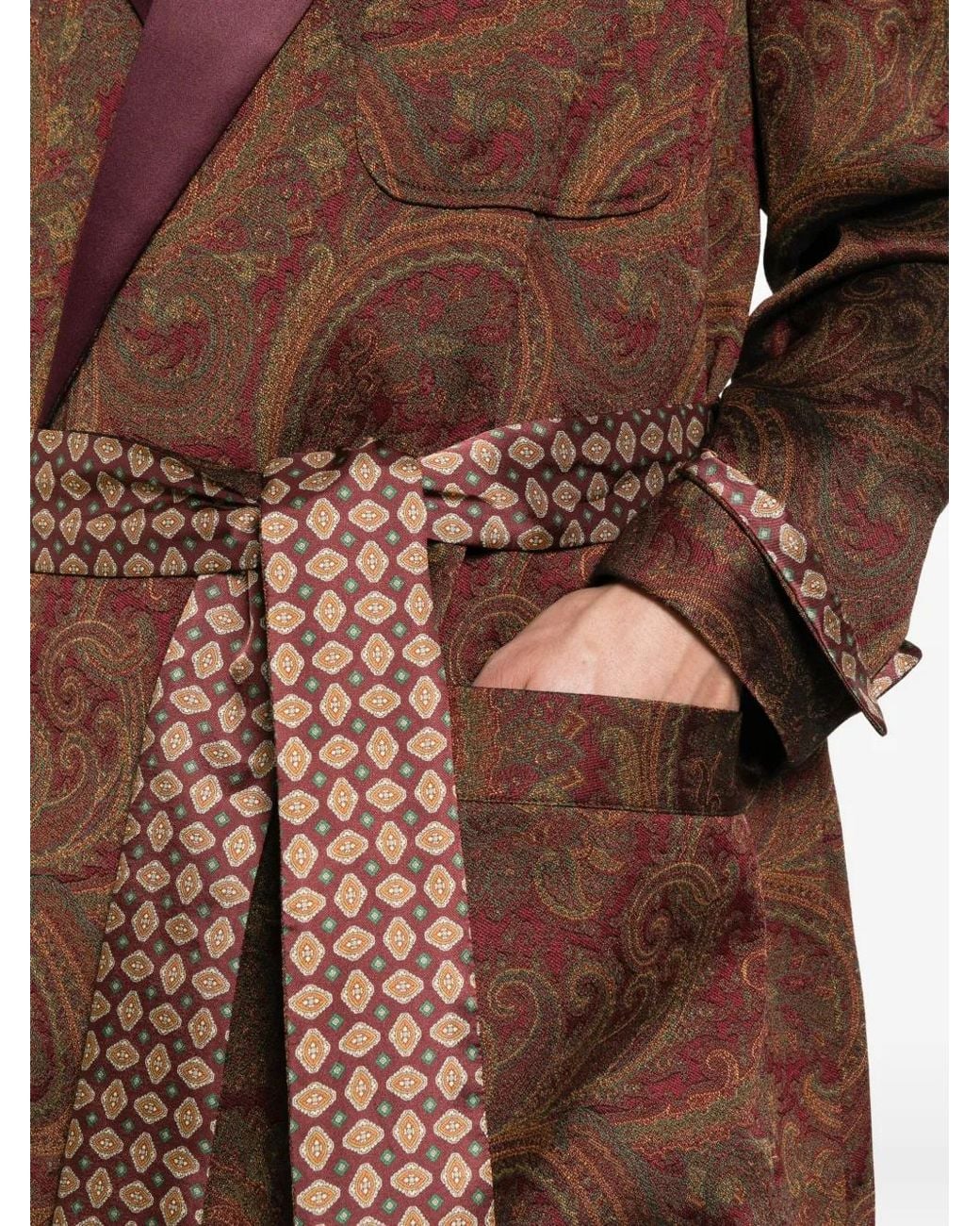 Etro Brown Belted Coat With Jacquard Paisley Print for men