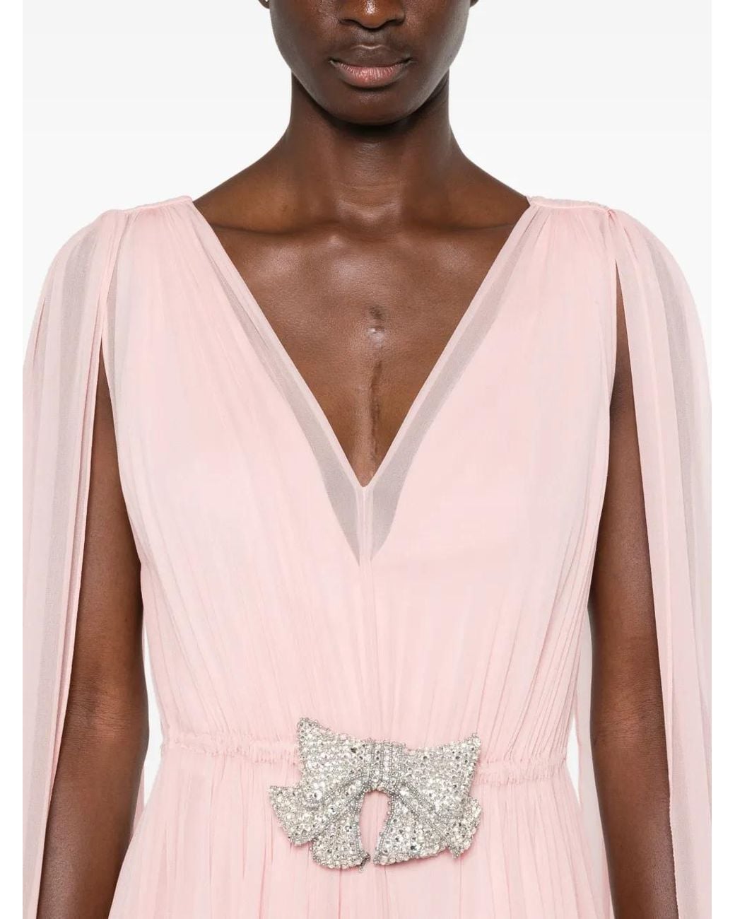 SILK LOVE & LACE Pink Ilena Crystal-Embellished Cape-Sleeve Maxi Dress