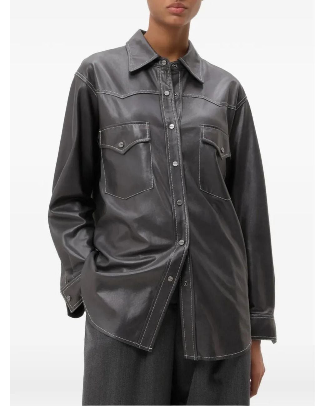 Twp Gray Contrast-Stitch Leather Shirt