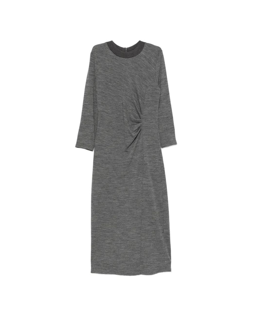 Peserico Gray Gathered Long-Sleeve Midi Dress