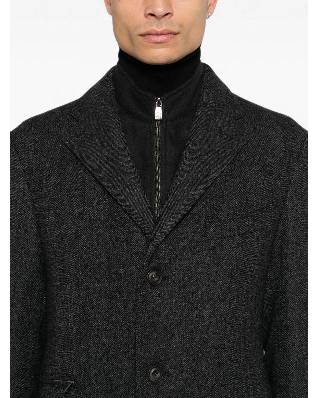 Corneliani Black Manteau Boutonné À Motif Chevrons for men