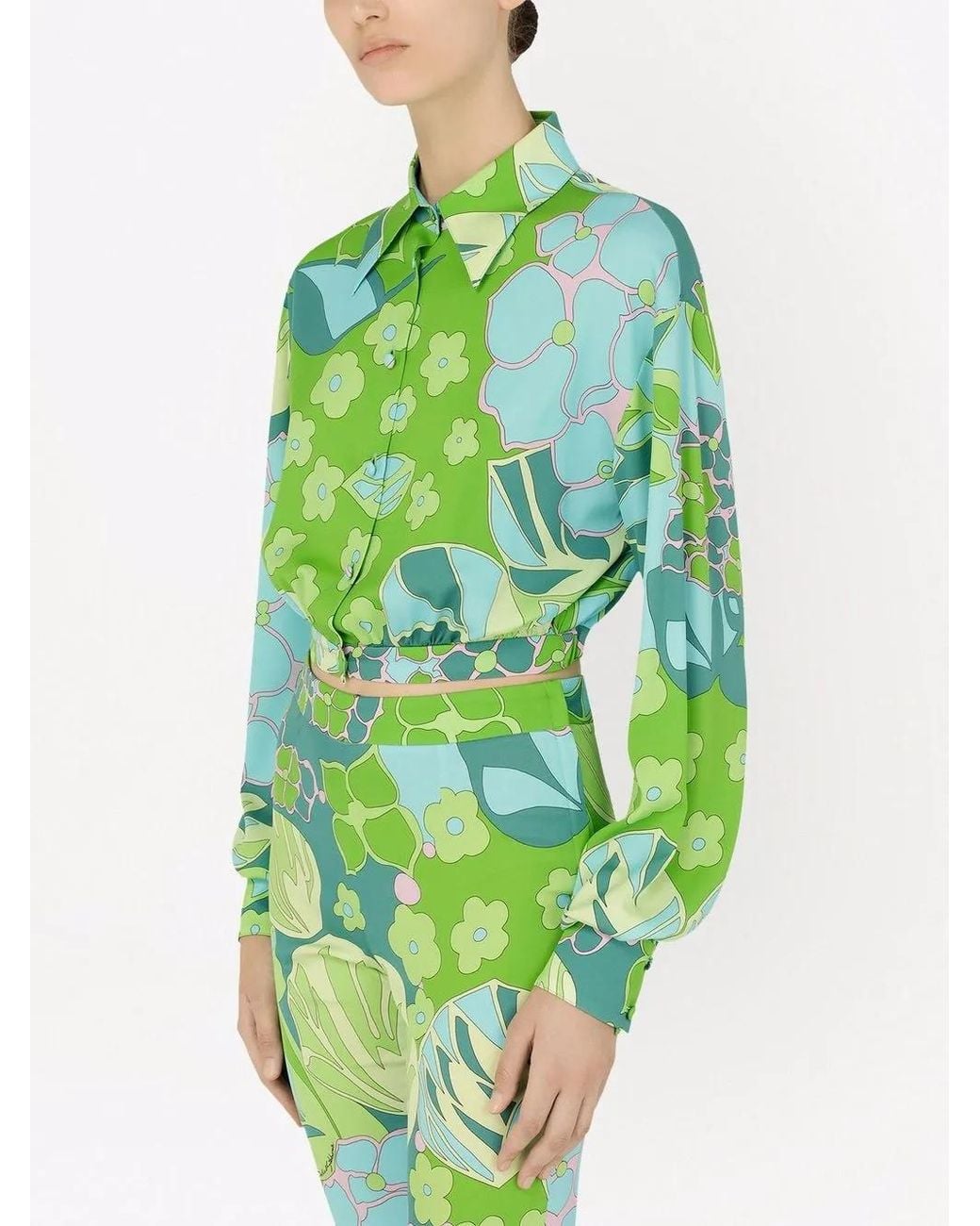 Dolce & Gabbana Green Floral-Print Cropped Silk Shirt