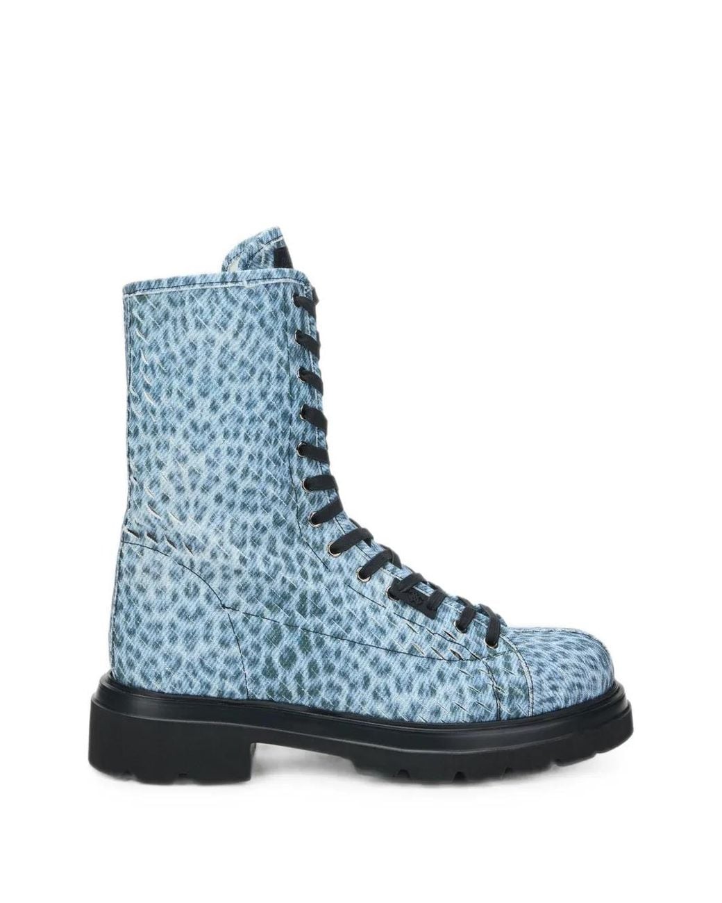 Roberto Cavalli Blue Leopard-Print Lace-Up Combat Boots for men