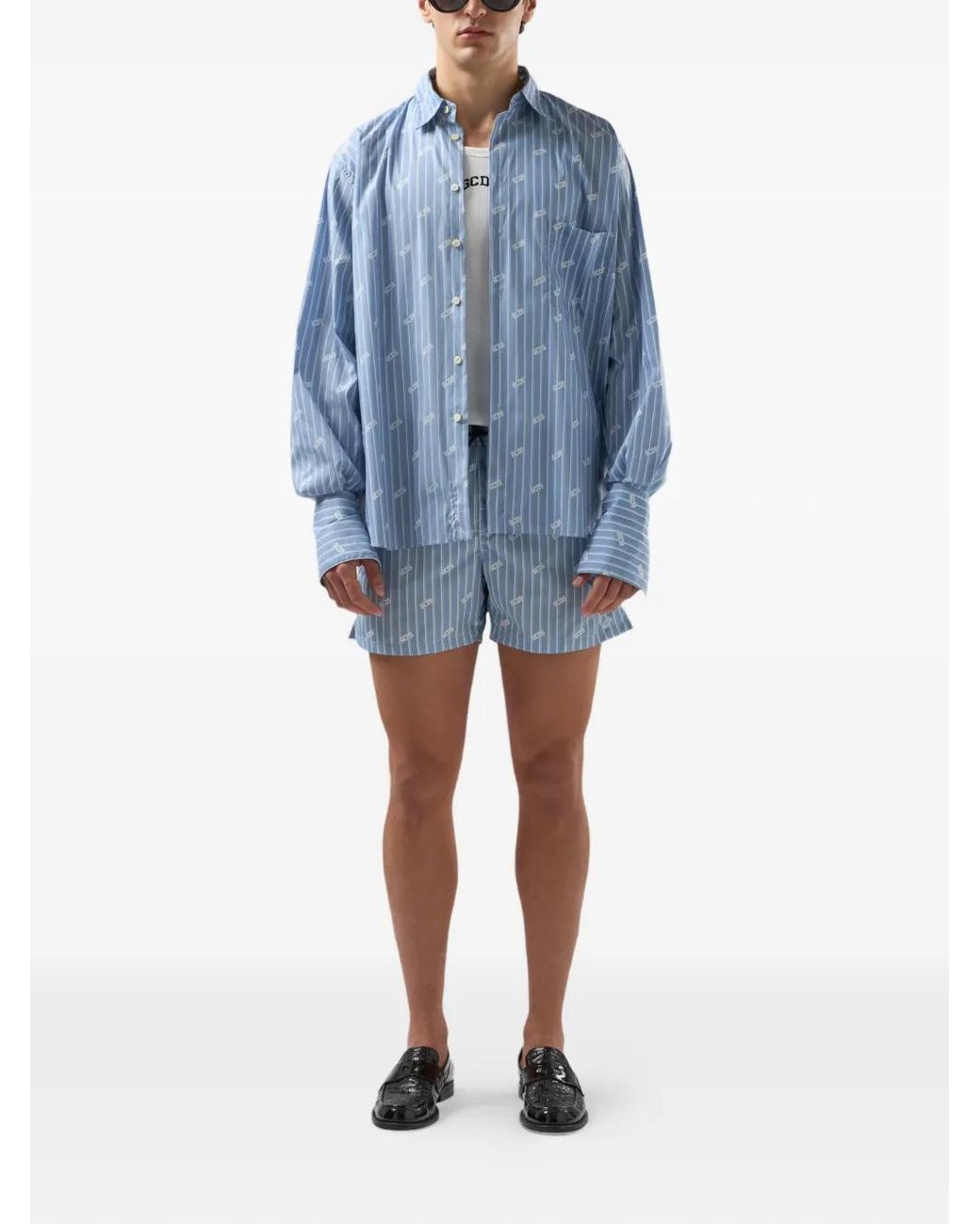 Gcds Blue Pinstripe Logo-Pattern Shirt for men