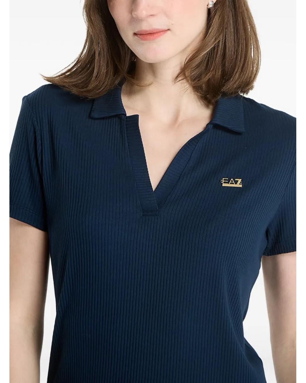 EA7 Blue Ribbed-Knit V-Neck Polo Shirt