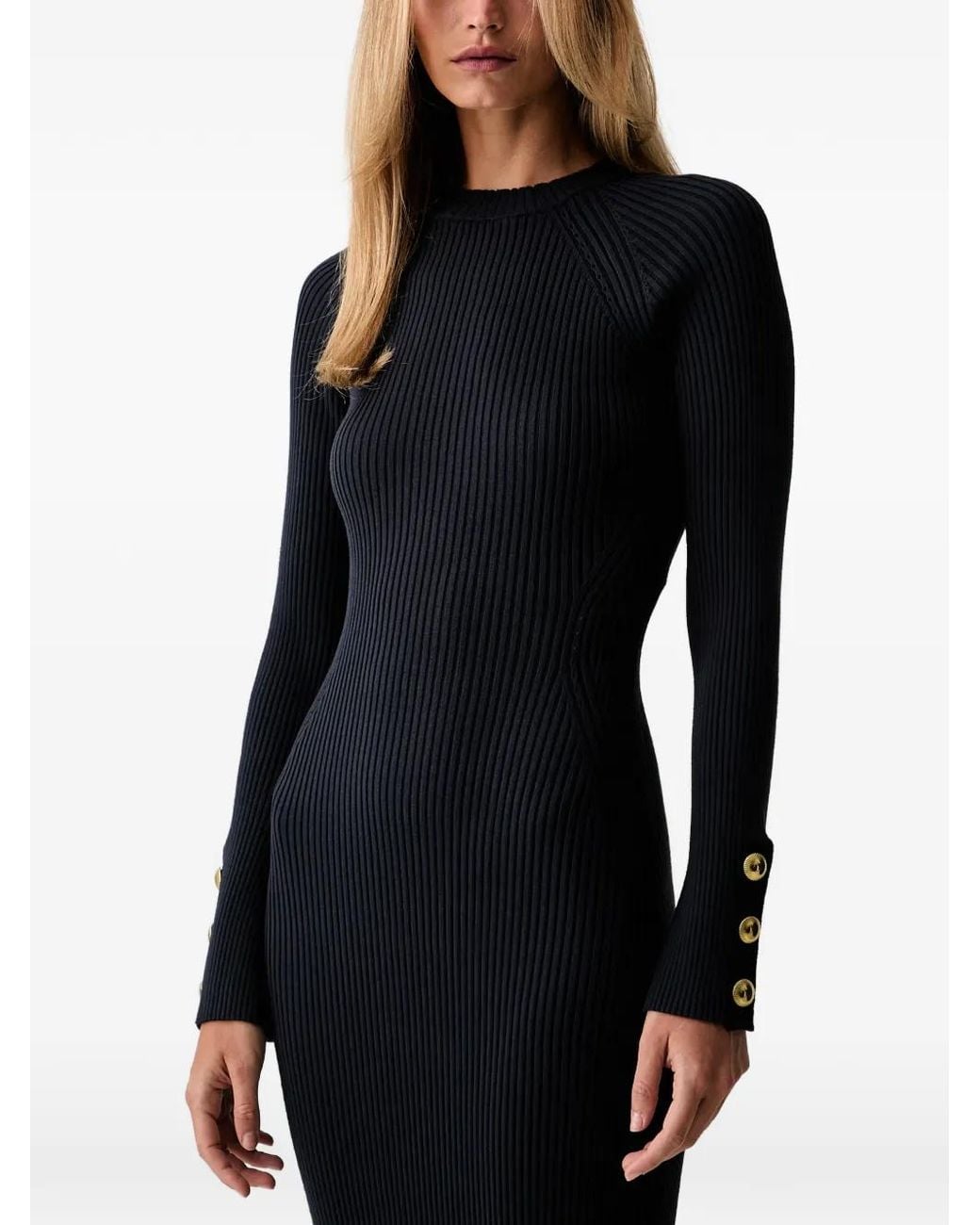Twinset Black Midi Ribbed-Knit Button-Cuff Dress