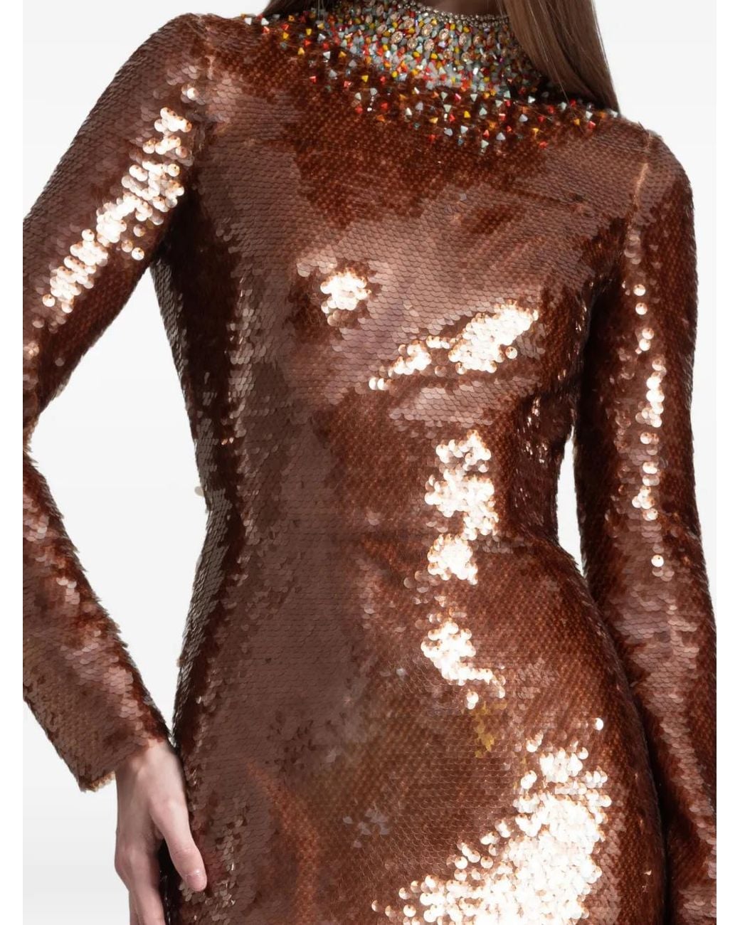 Gemy Maalouf Brown Sequins Fitted Maxi Dress