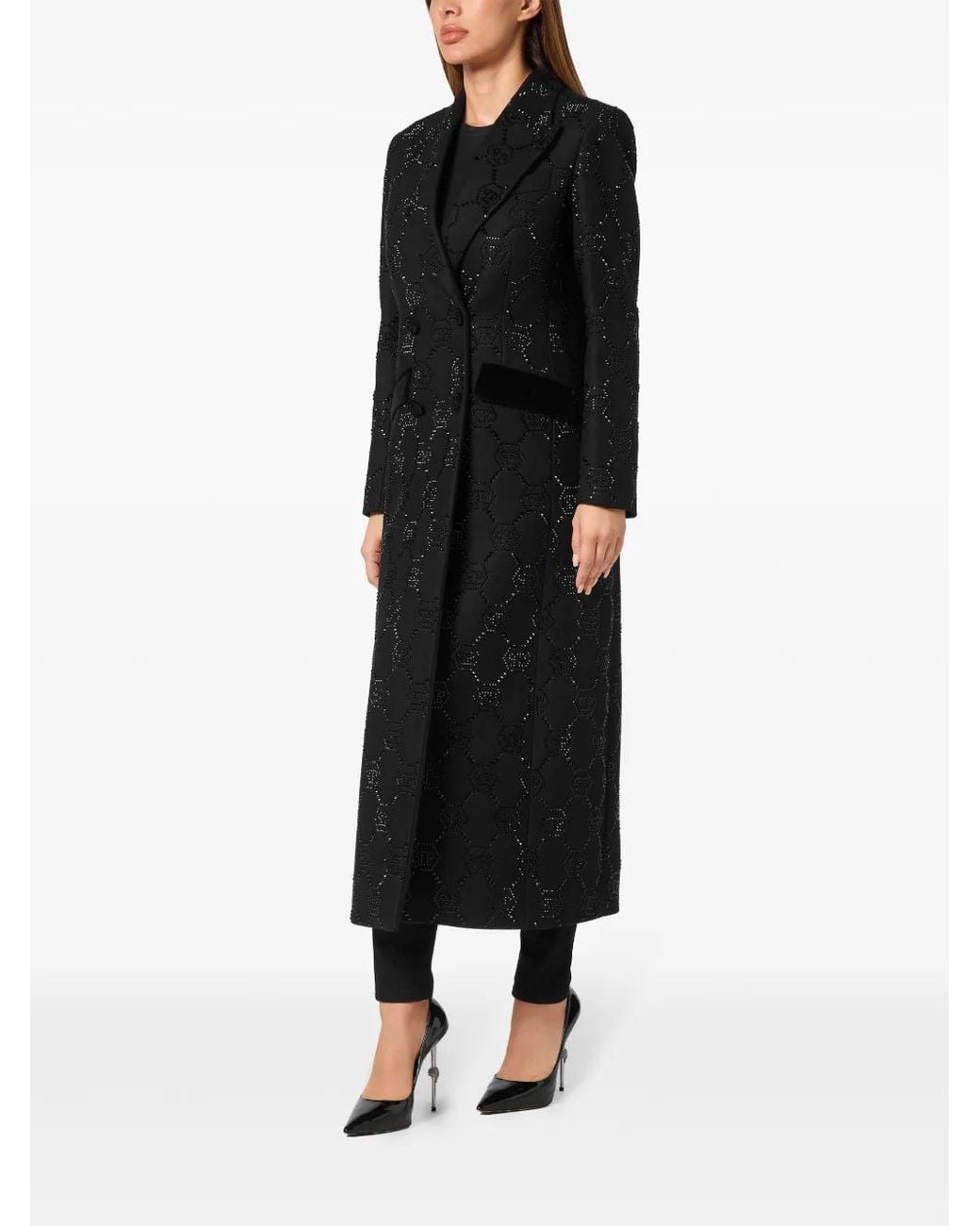 Philipp Plein Black Monogram Crystal Double-Breasted Coat