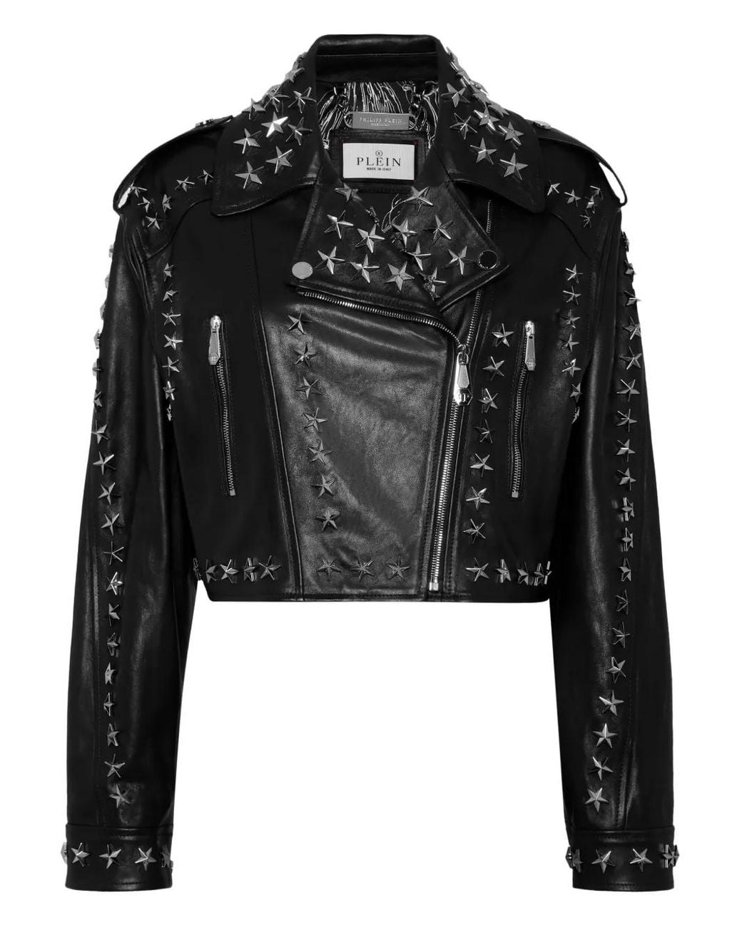 Philipp Plein Black Leather Biker Jacket Star Studs