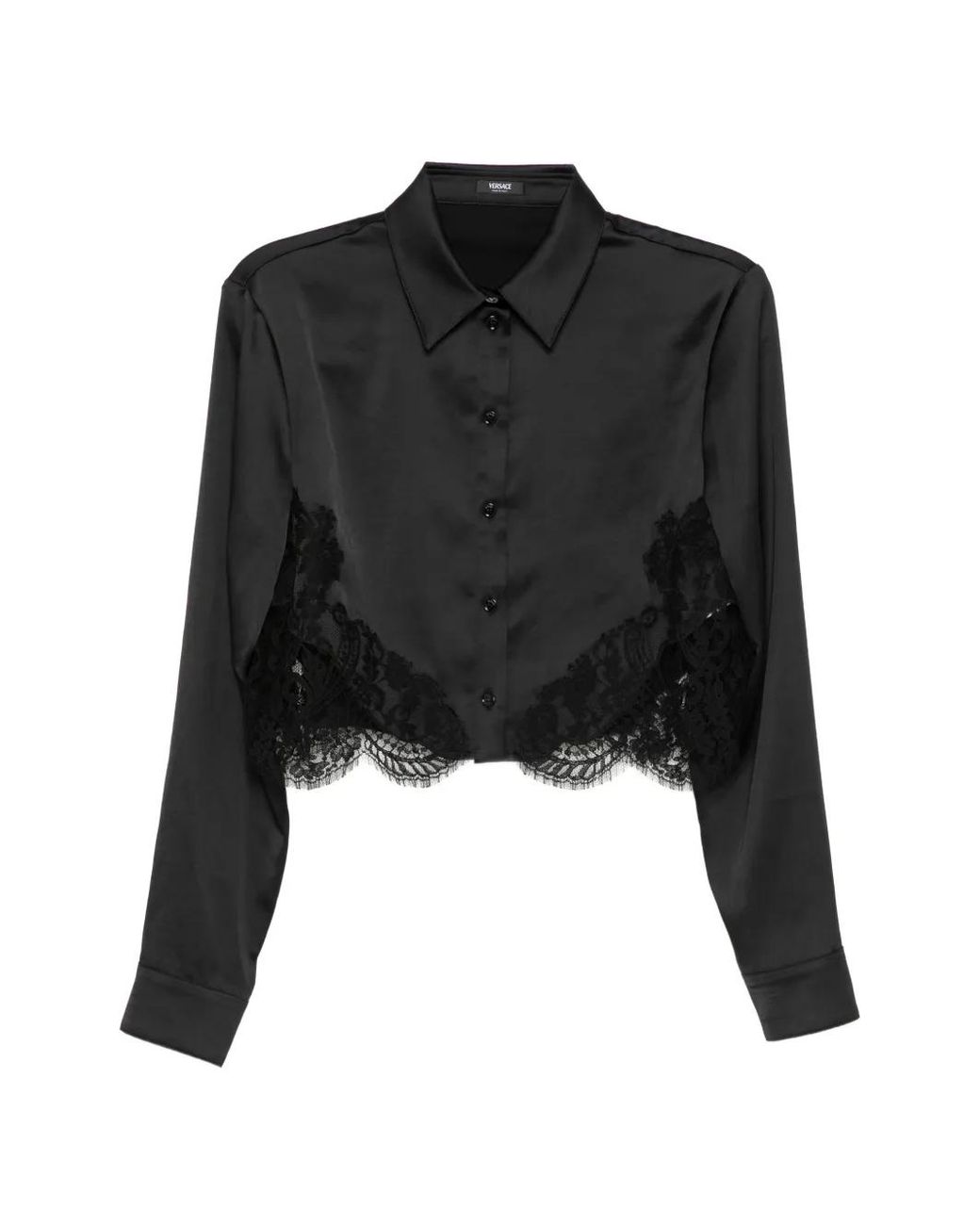 Versace Black Lace-Trim Satin Crop Shirt