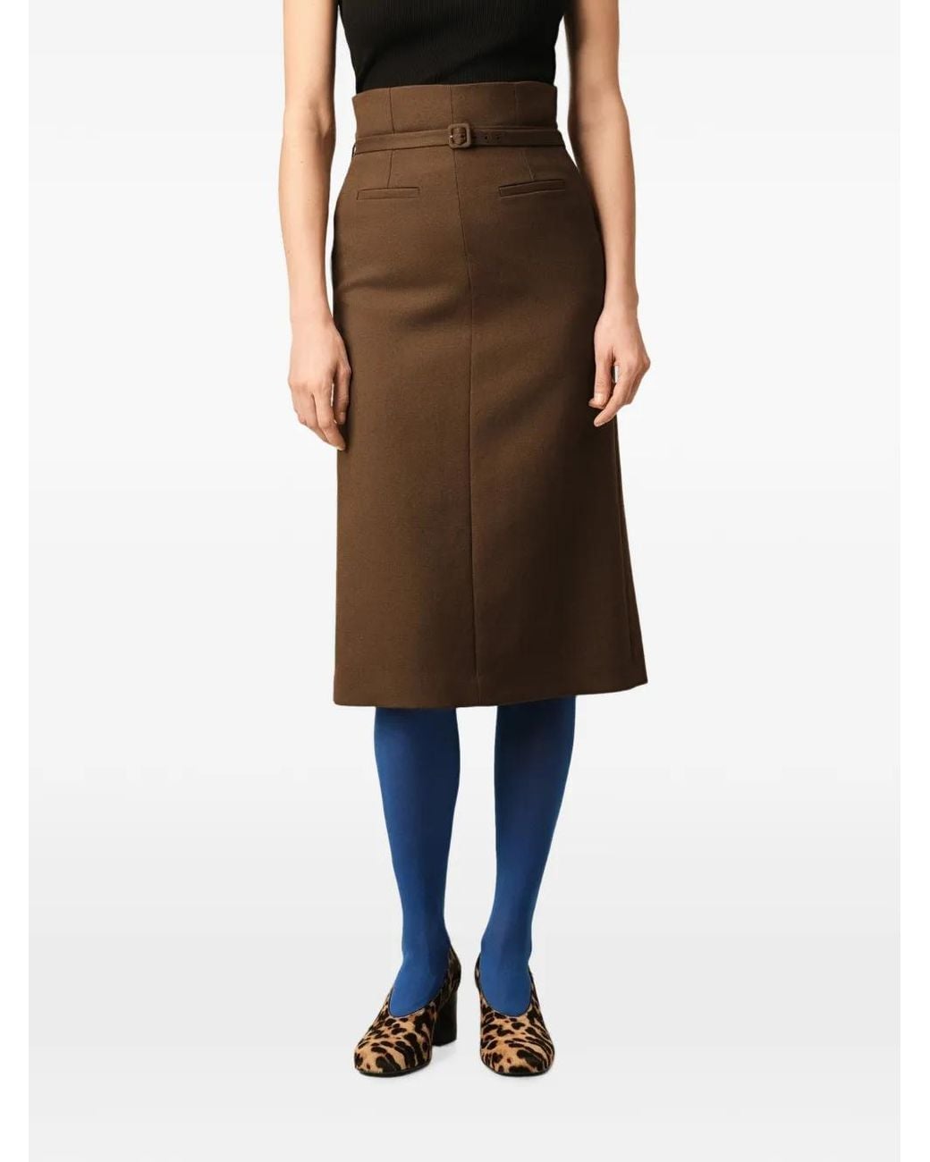 AMI Natural Pencil Belted Wool Skirt
