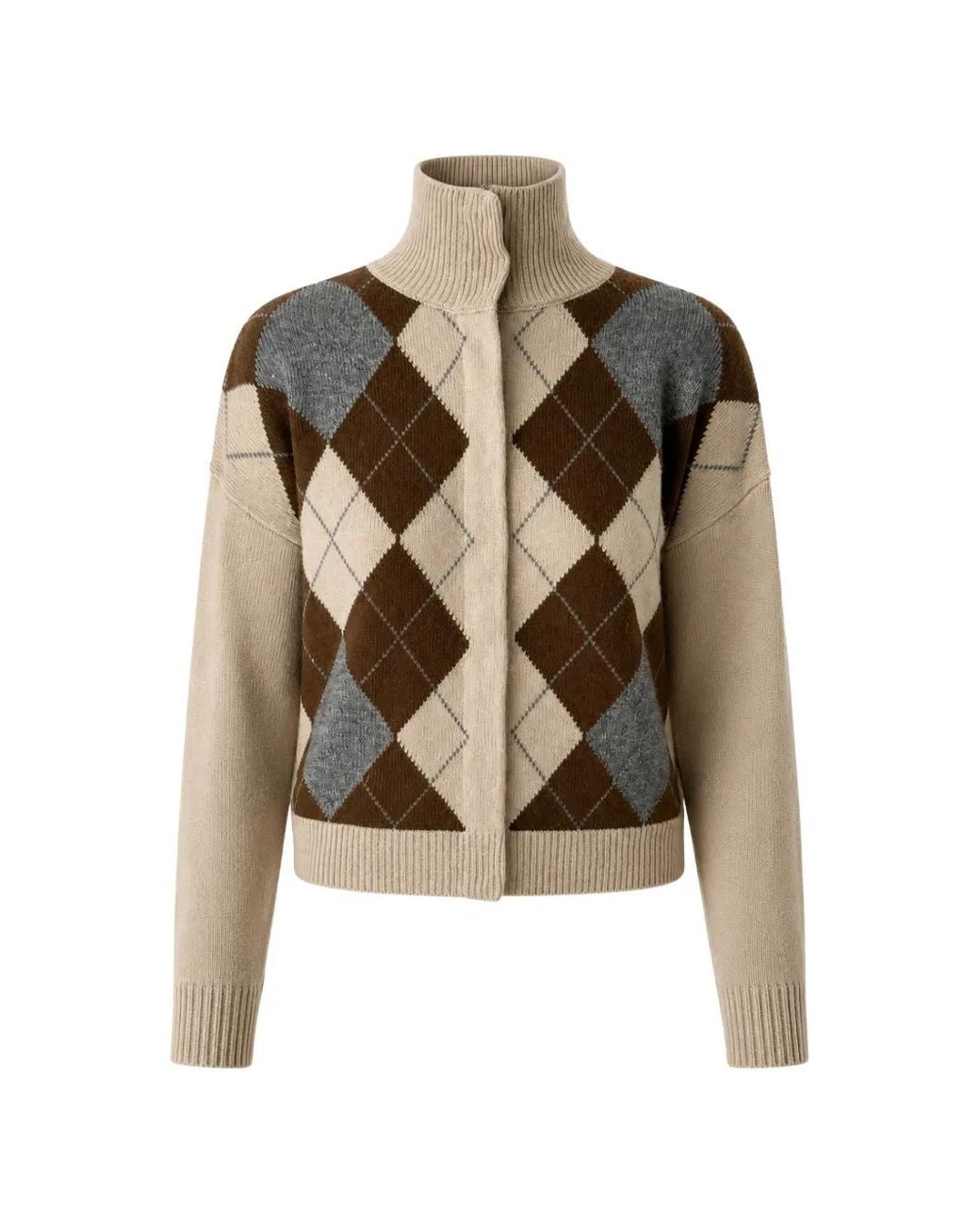 Max Mara Natural Mstpacche Wool And Cashmere Knit Cardigan With Argyle Pattern