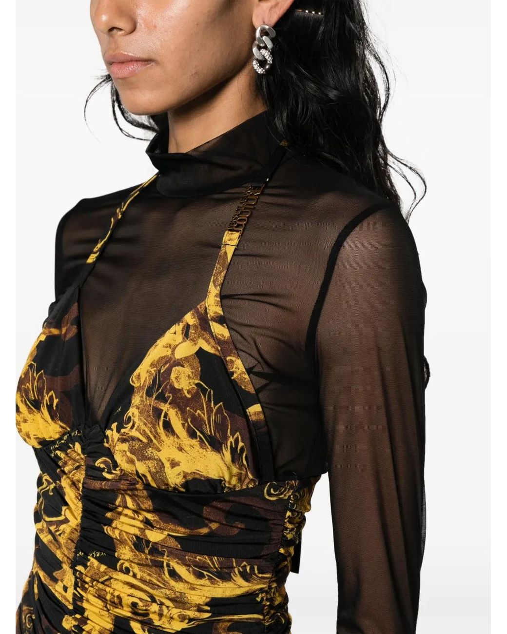 Versace Jeans Couture Black Barocco-Print Ruched Midi Dress