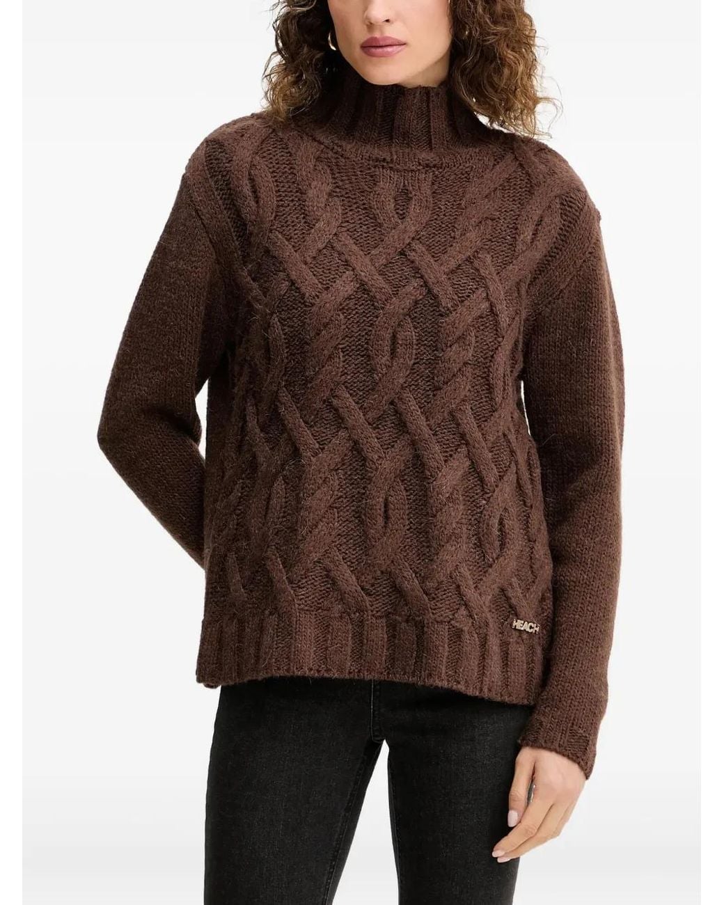 Silvian Heach Brown Cable-Knit Roll-Neck Sweater
