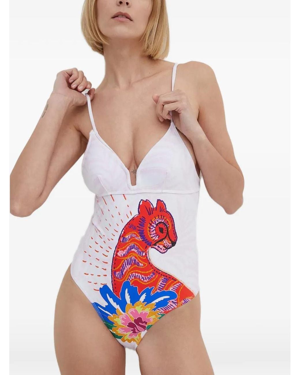Desigual White Strappy Cat Graphic-Print V-Neck Swimsuit