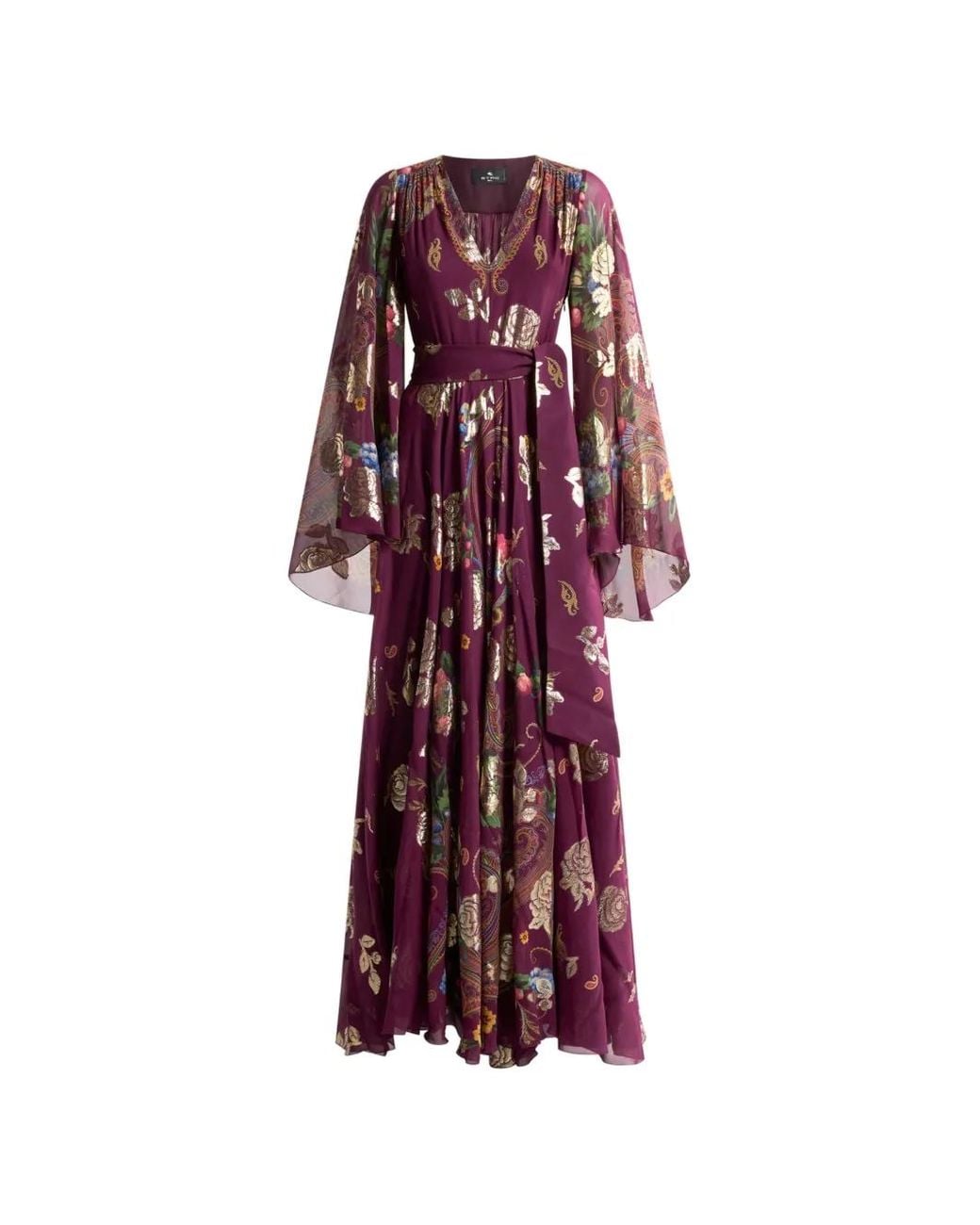 Etro Red Long Silk Dress With Placed Floral Paisley Print