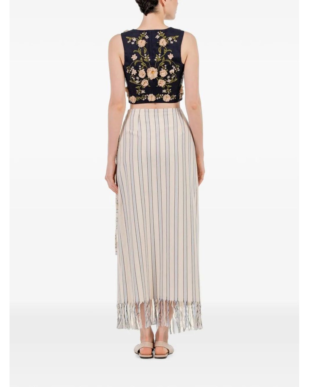 Agua Bendita White Maria Valle Floral-Embroidered Striped Pareo Maxi Skirt