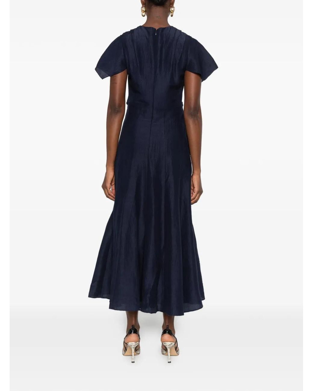 Roland Mouret Blue Pleated Flutter-Sleeve Midi Dress
